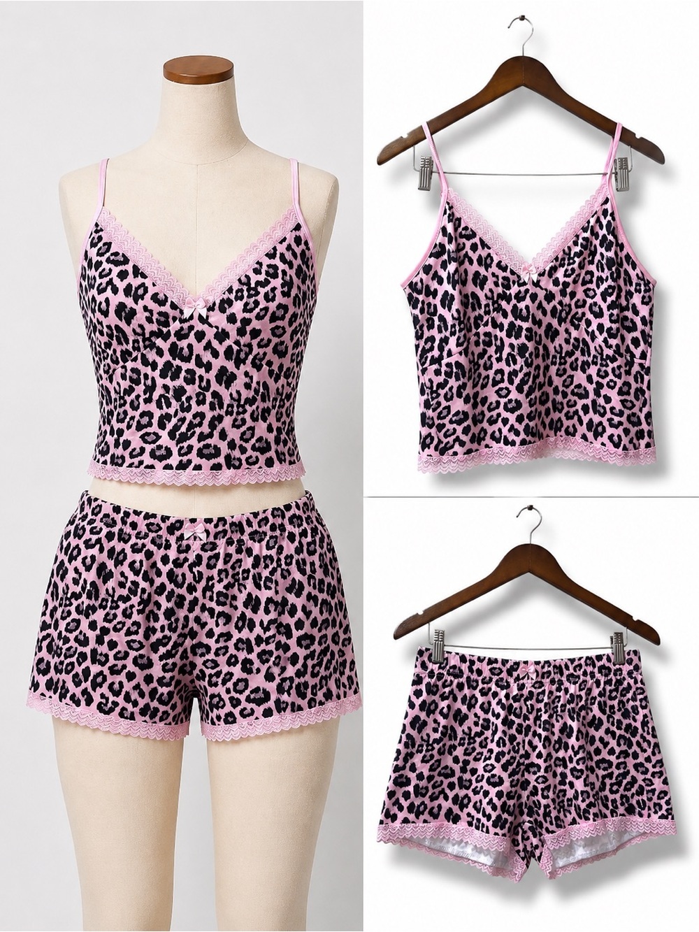 SHEIN | NWOT Pink Leopard Lace-Trim Cami & Short Pajama Lounge Sleep Set (sz L)